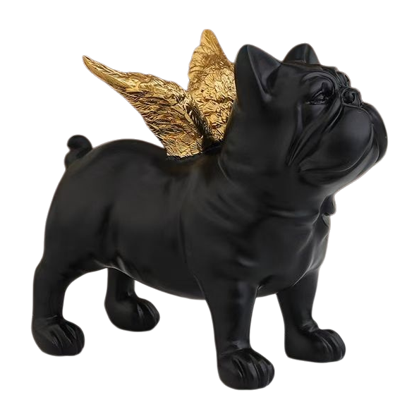 Black angel dog figurine, a black bulldog-shaped figurine with golden wings Item Picture
