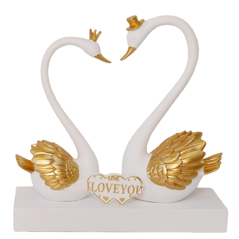 Couple swan ornaments: A pair of white swans with golden wings decorating the neck. Heart-shaped base engraved with "LOVE YOU" Item Picture