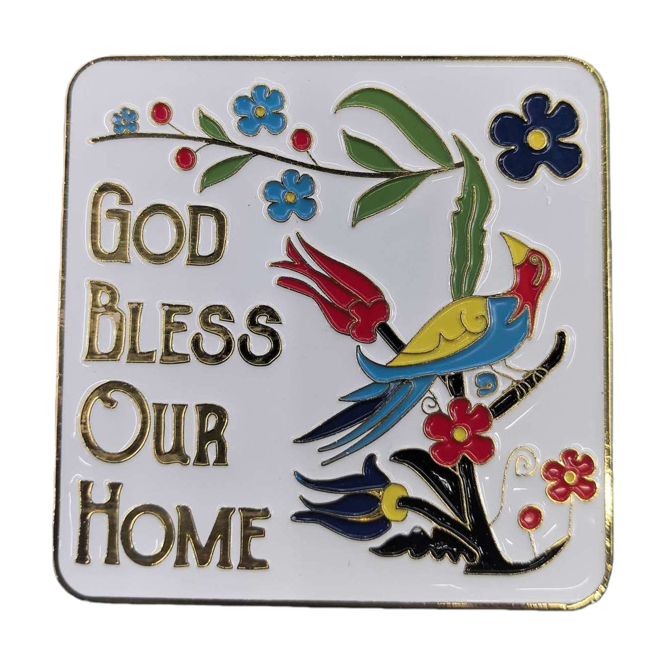 Square ceramic decorative painting, colorful bird and flower pattern fridge magnet, GOD BLESS OUR HOME, golden words 153745510