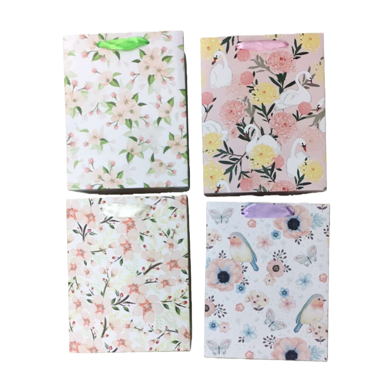 描述词：花卉图案、鸟类、天鹅、蝴蝶、粉色、白色、绿色、紫色  
主体：礼品袋白底实物图
