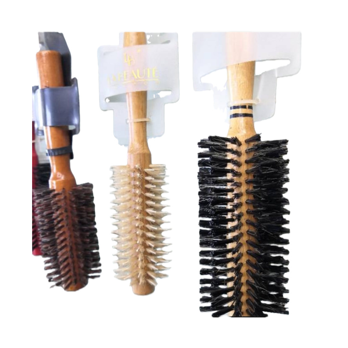 Wooden handle, round comb, black bristles, light-colored bristles, hanging to show curly hair comb Item Picture