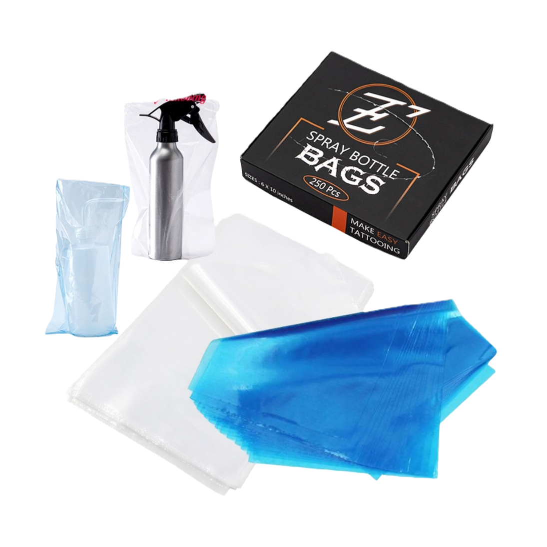 E'Z TATTOO Spray Bottle Bag set, black packaging box, silver spray bottle, transparent blue plastic bag Item Picture