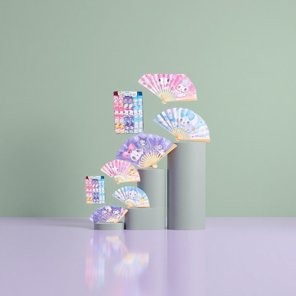 描述词：可爱卡通图案  
主体：三丽鸥香味折扇产品图
