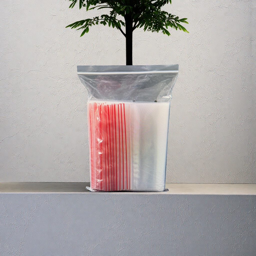 The red striped transparent plastic bag for storing items is portable, dust-proof and water-proof Application Scenario