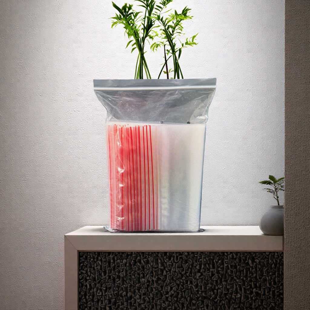 The red striped transparent plastic bag for storing items is portable, dust-proof and water-proof details Picture
