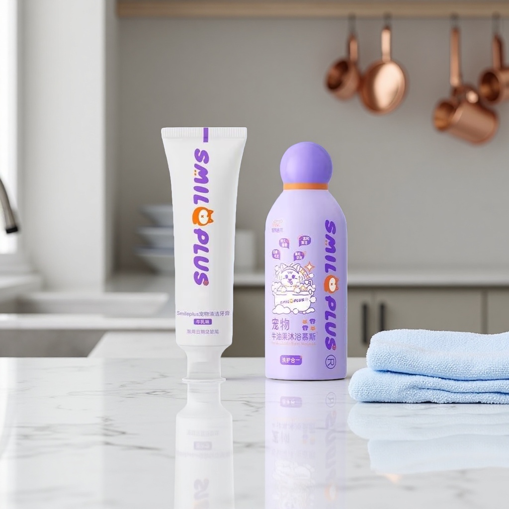 Pet cleaning products, toothpaste, bath mousse, gentle stain removal, fresh breath, essential for pet owners