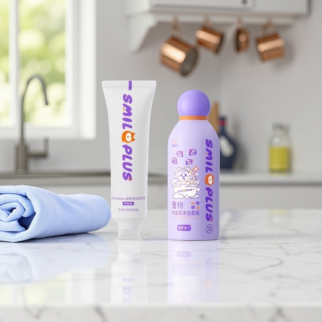 Pet cleaning products, toothpaste, bath mousse, gentle stain removal, fresh breath, essential for pet owners Application Scenario