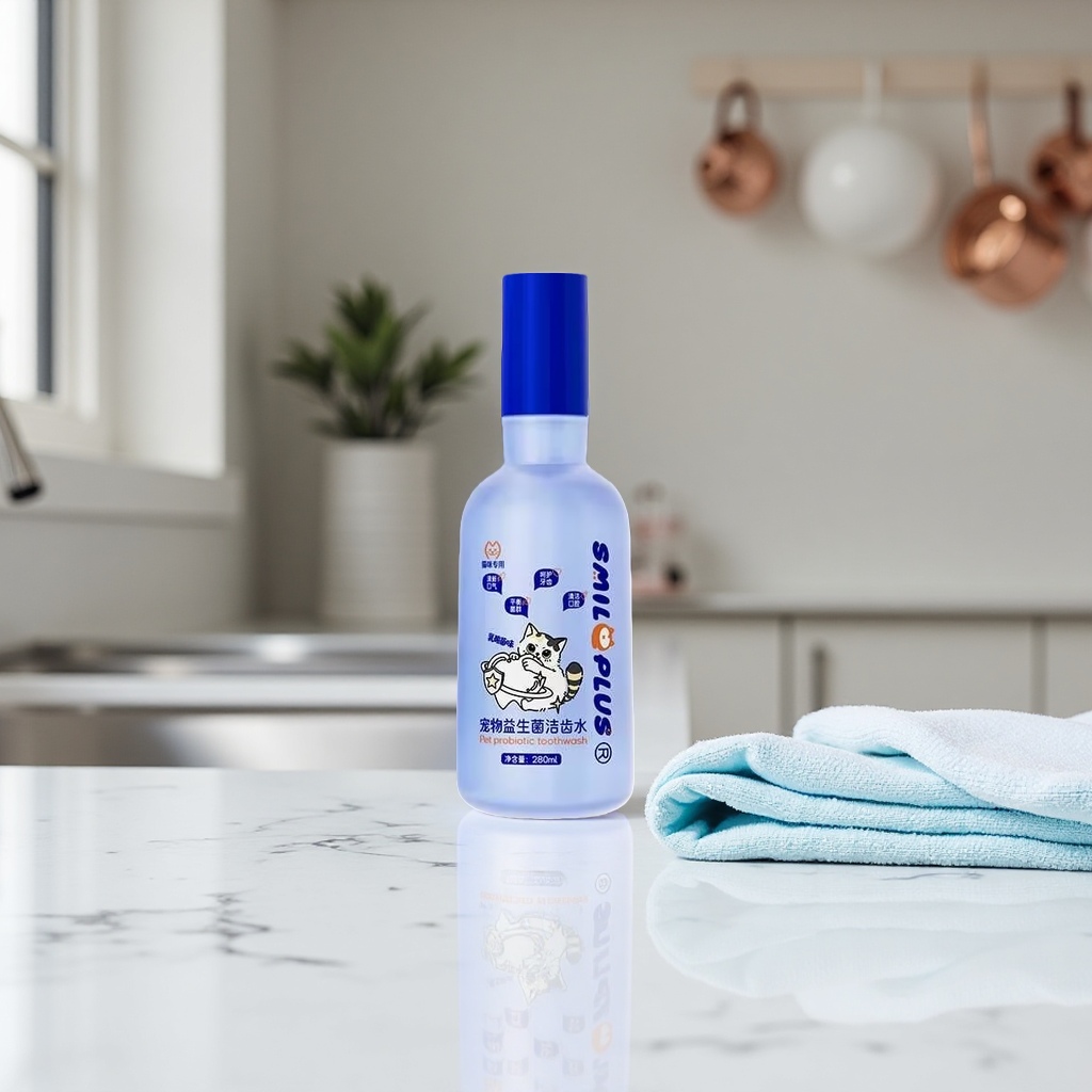 A pet probiotic tooth-cleaning water bottle contains tooth-cleaning water