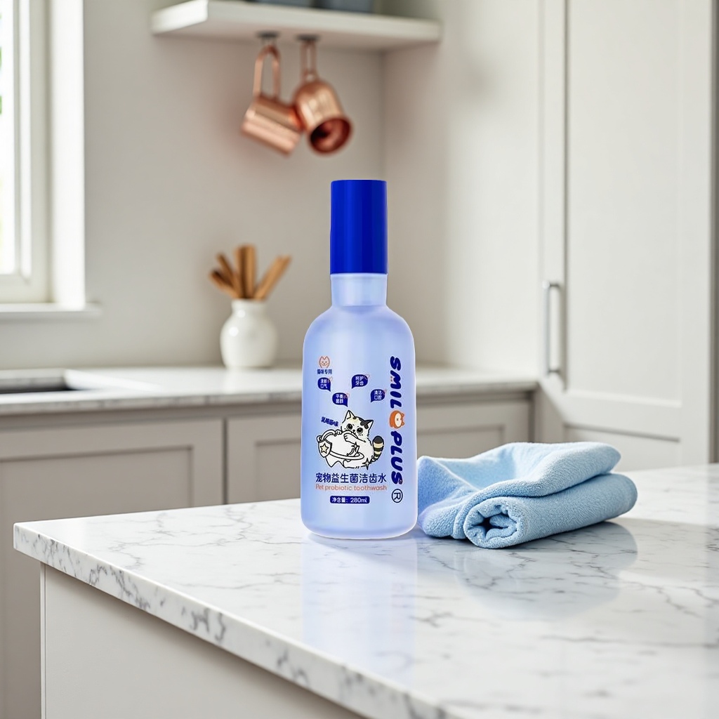 A pet probiotic tooth-cleaning water bottle contains tooth-cleaning water Application Scenario