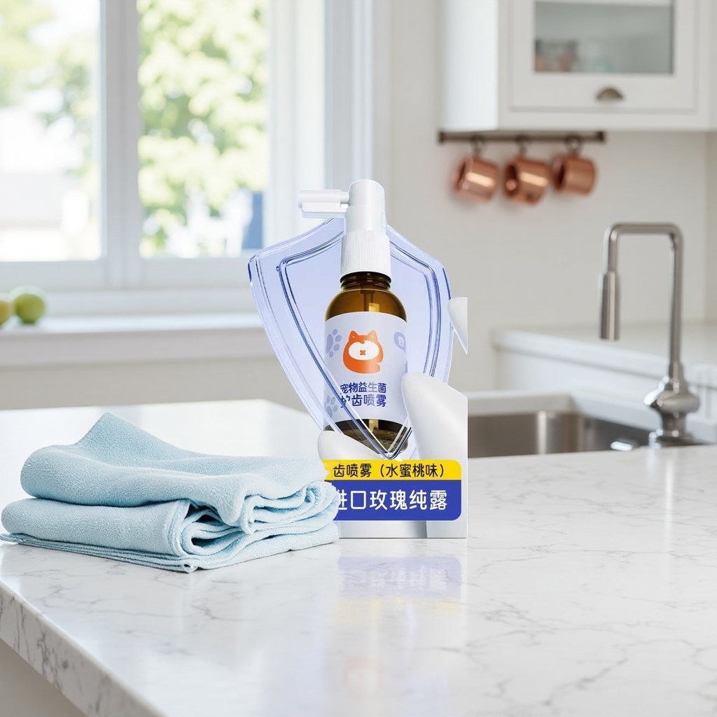 Pet probiotic tooth protection spray naturally cares for fresh and healthy breath Application Scenario