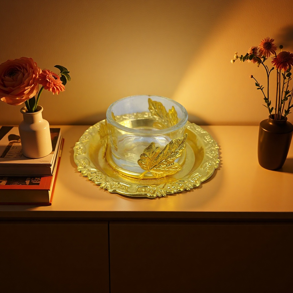 金色叶子装饰玻璃杯加托盘 优雅家居摆件礼品套装113444463