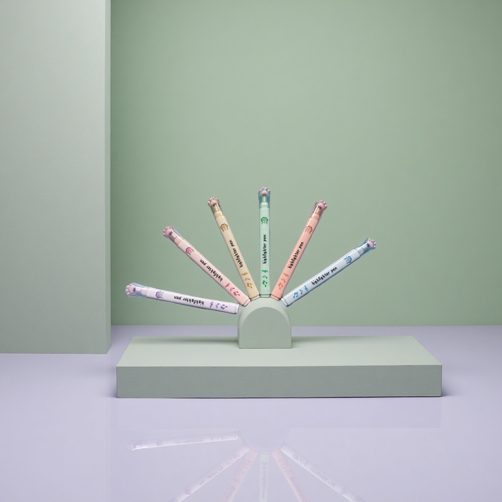 A set of six colored highlighters for office stationery and students