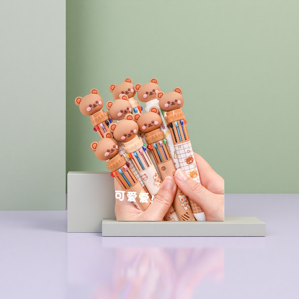 Cute bear-shaped ten-color ballpoint pen, smooth writing, colored pen, student stationery, office supplies