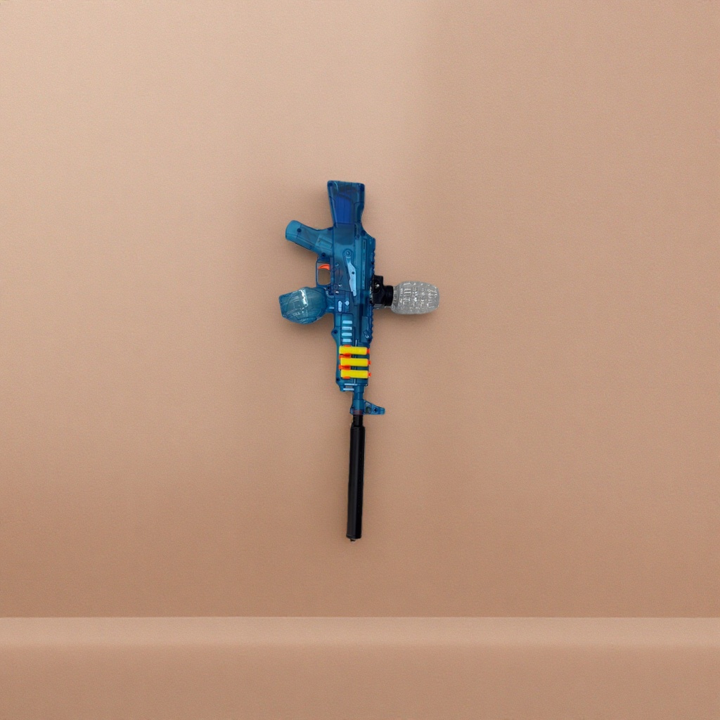 The blue toy gun is a children's safe water bomb gun that is waterproof, shockproof and rechargeable