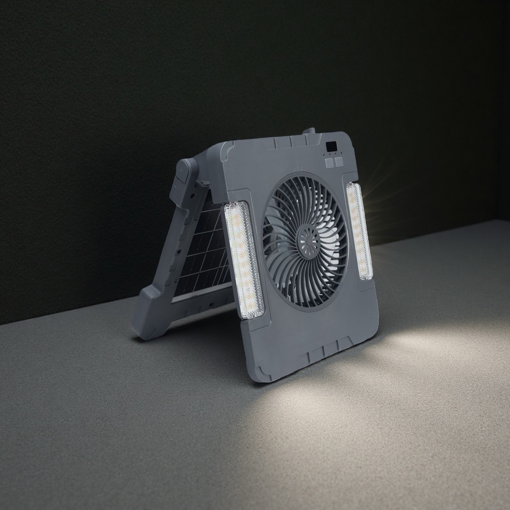 The solar-powered charging fan is portable, quiet and energy-saving for outdoor use Specification image