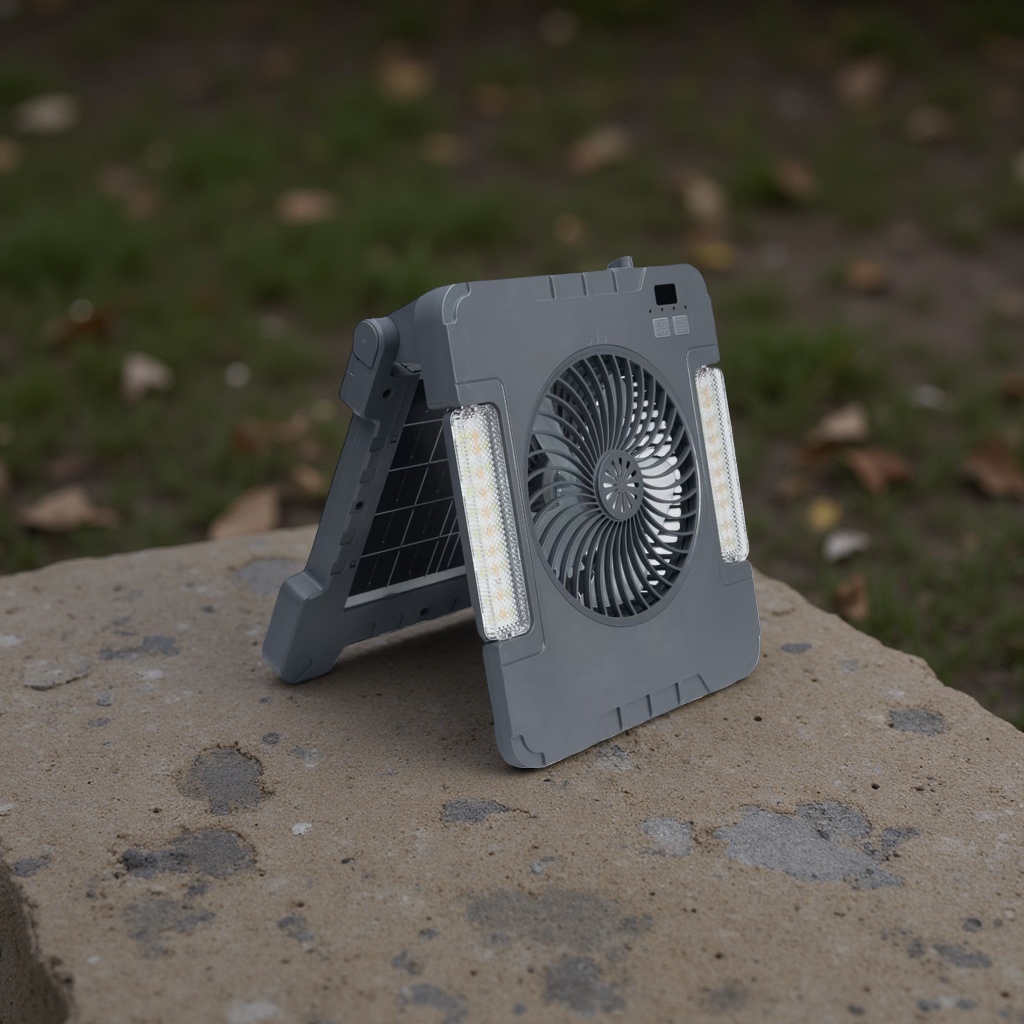 The solar-powered charging fan is portable, quiet and energy-saving for outdoor use Application Scenario