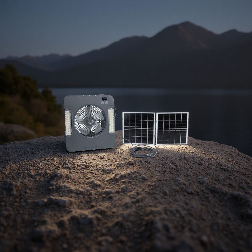The solar-powered charging fan is portable, quiet and energy-saving for outdoor use details Picture
