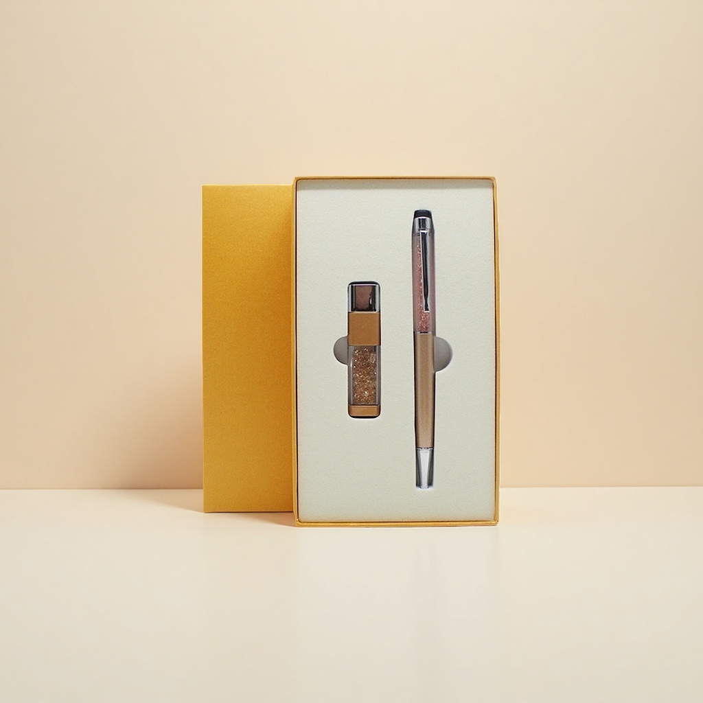 A luxurious gift set of 2-piece golden gift box water diamond USB flash drive and water diamond pen for your girlfriend details Picture