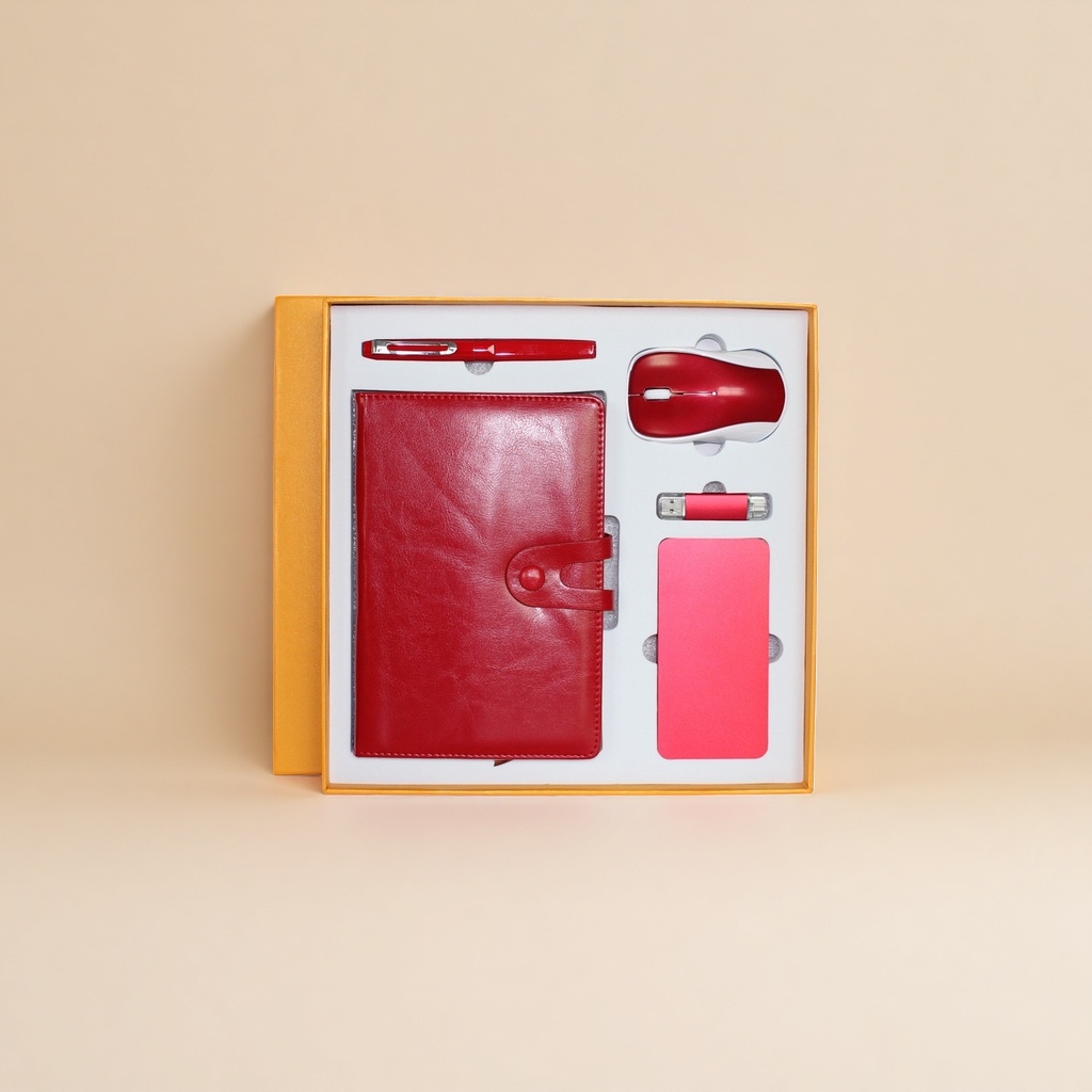 Red office five-piece set: notebook pen, mouse, USB flash drive, mouse pad details Picture