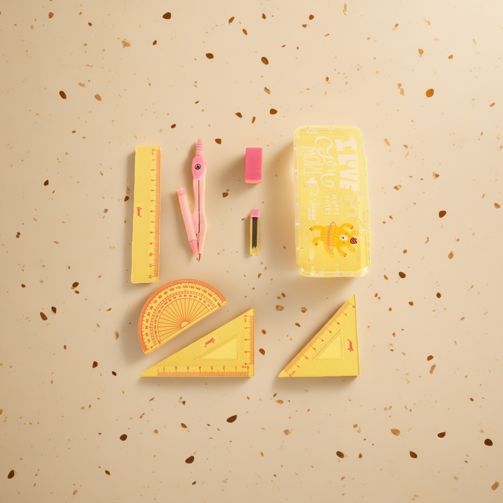 Stationery set: ruler, compass, eraser, pencil sharpener, protractor, set square, storage box Specification image