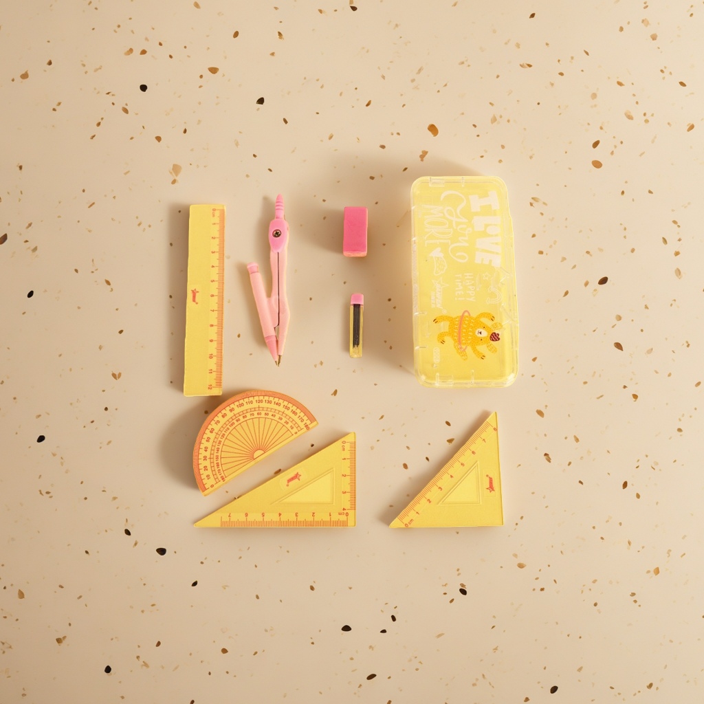 Stationery set: ruler, compass, eraser, pencil sharpener, protractor, set square, storage box details Picture