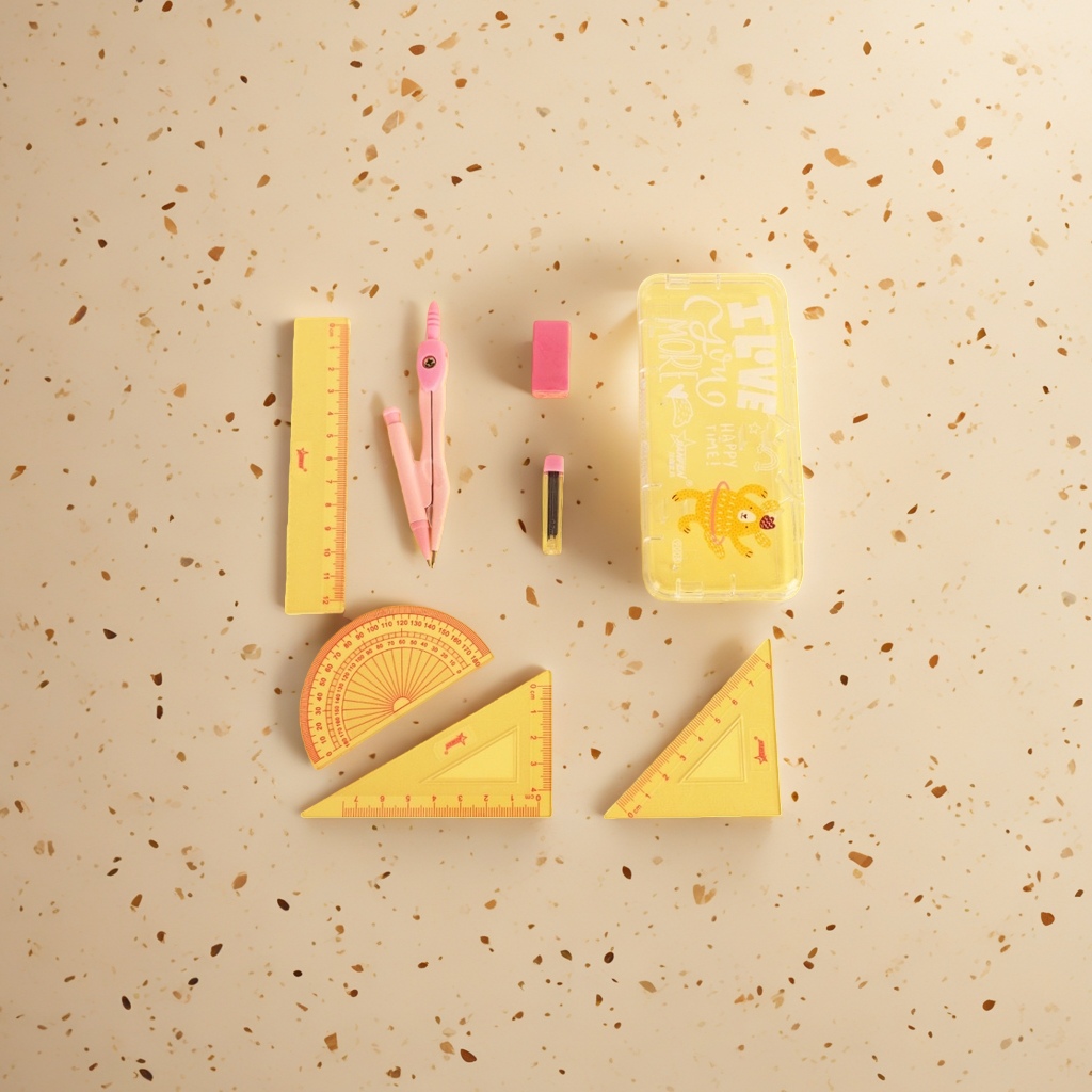 Stationery set: ruler, compass, eraser, pencil sharpener, protractor, set square, storage box Application Scenario