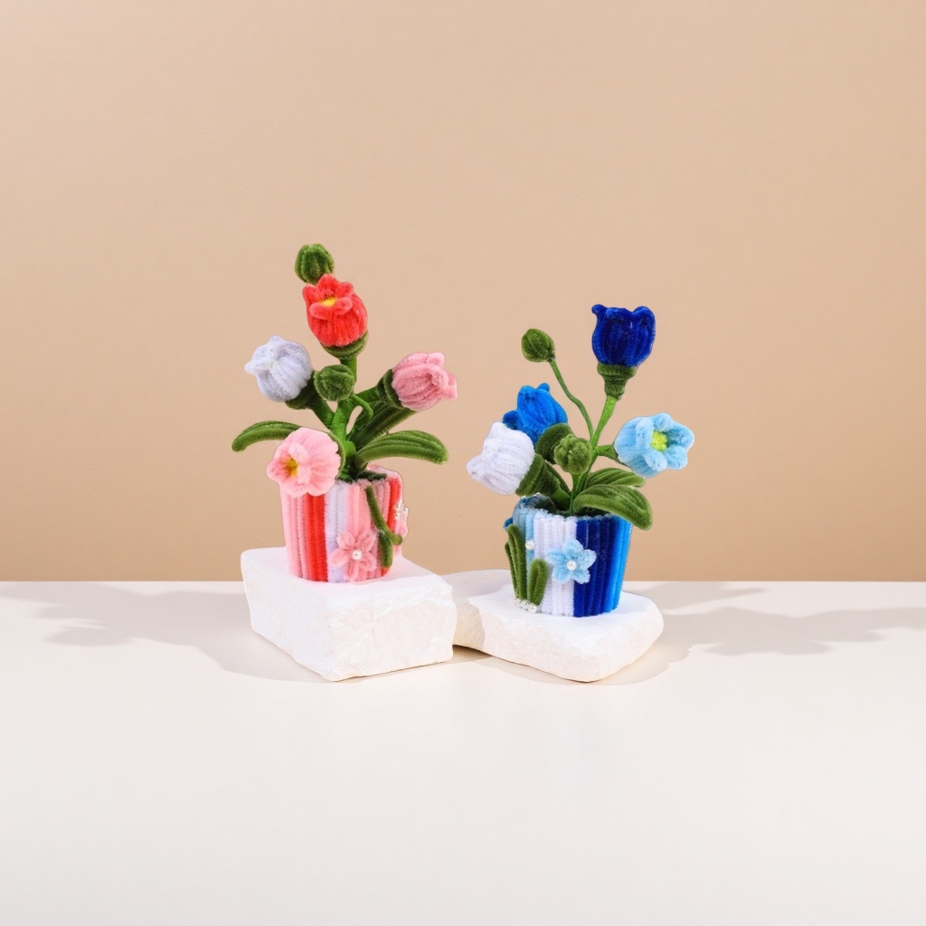 手工毛线花+盆栽细节图