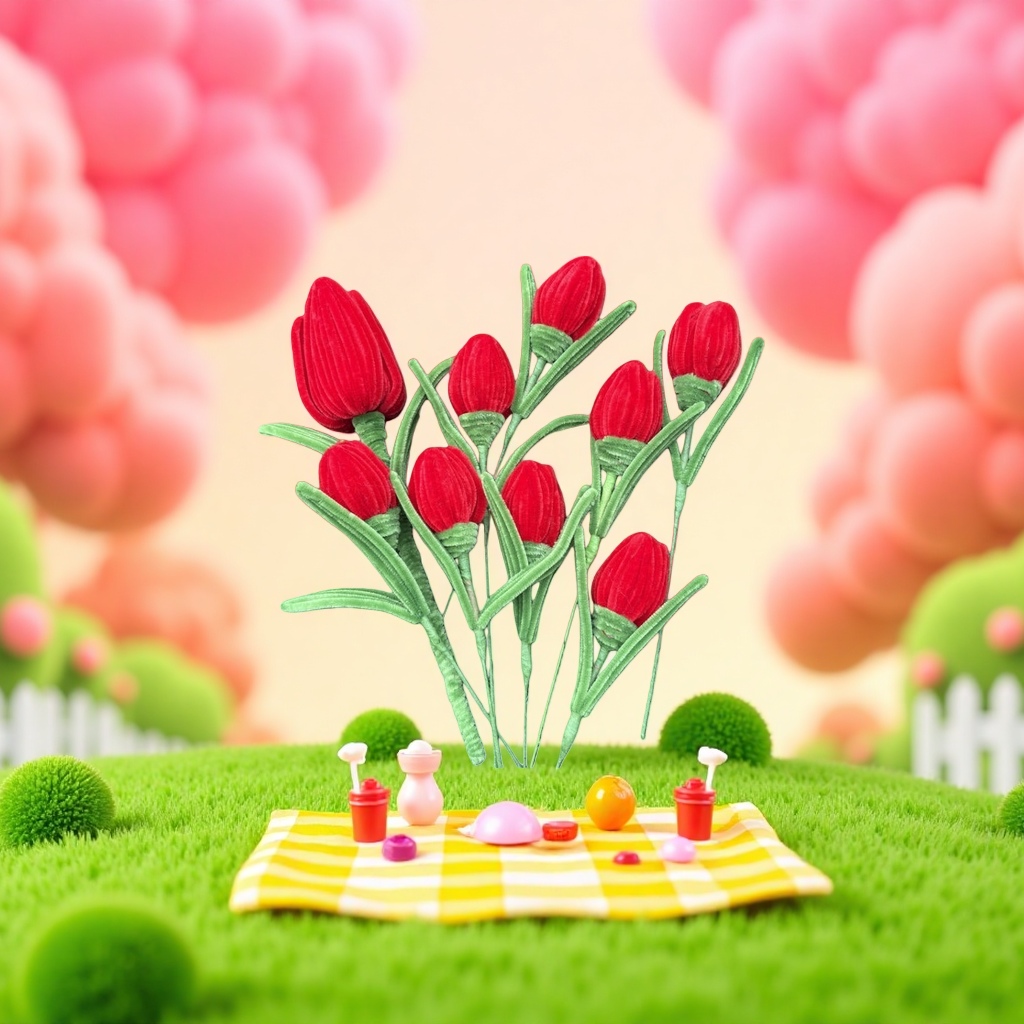 红色绒布郁金香花束细节图