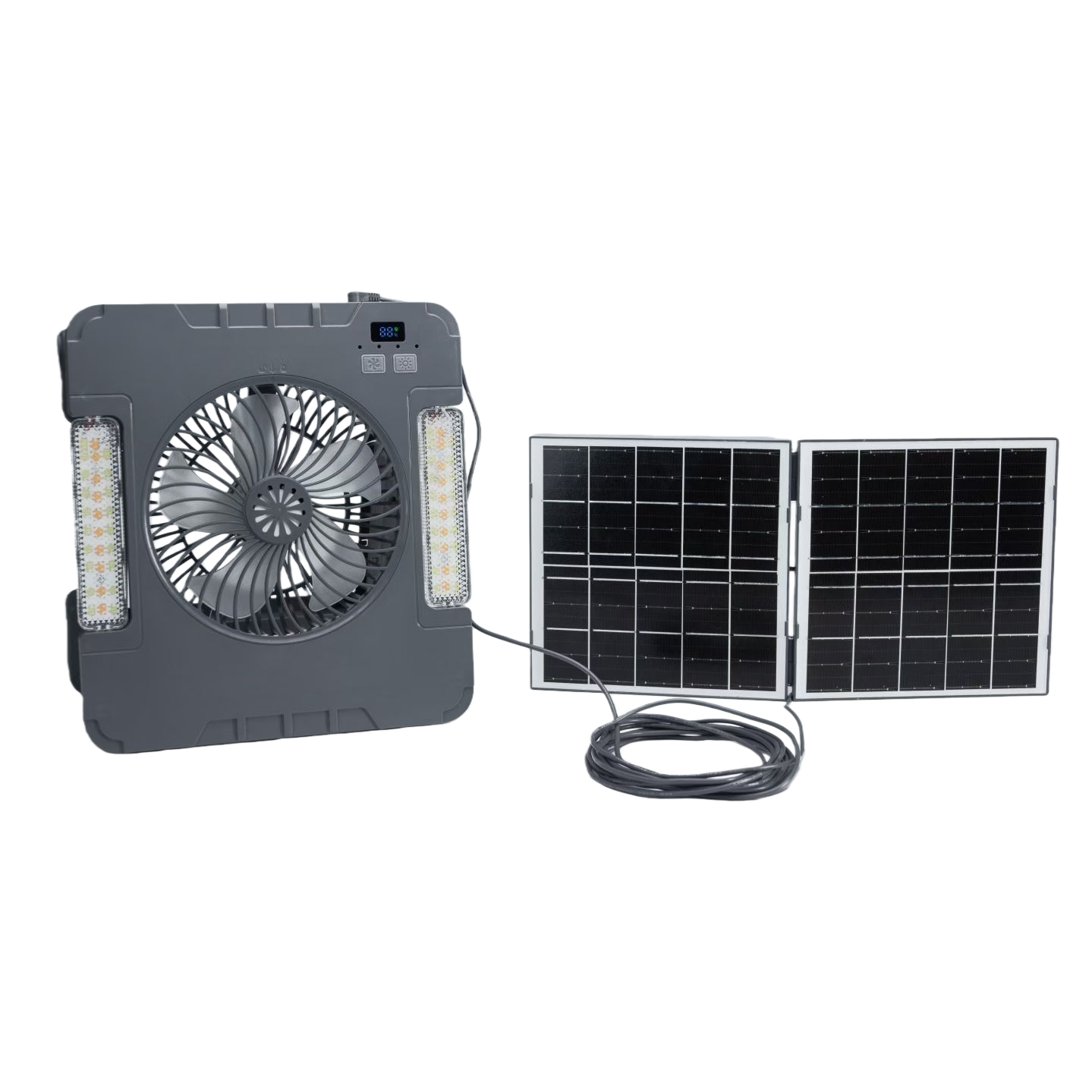 The solar-powered charging fan is portable, quiet and energy-saving for outdoor use Item Picture