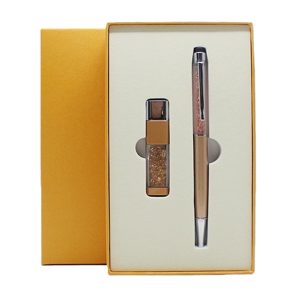 A luxurious gift set of 2-piece golden gift box water diamond USB flash drive and water diamond pen for your girlfriend Item Picture