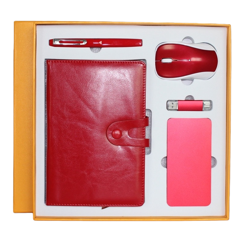 Red office five-piece set: notebook pen, mouse, USB flash drive, mouse pad Item Picture