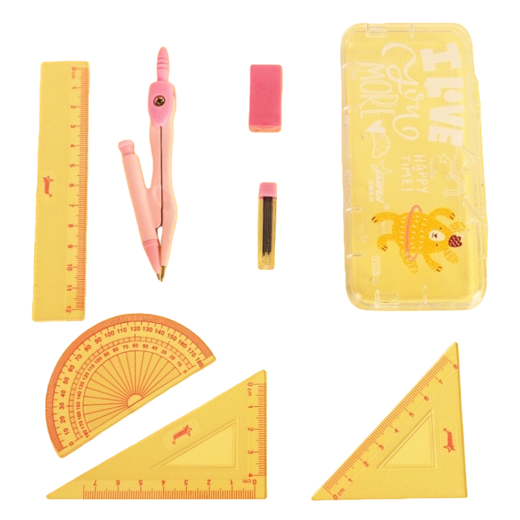 Stationery set: ruler, compass, eraser, pencil sharpener, protractor, set square, storage box Item Picture