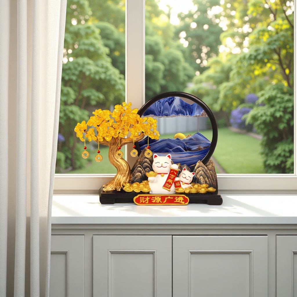 Maneki Neko and money tree resin ornaments bring wealth to the living room, office, opening and moving decoration