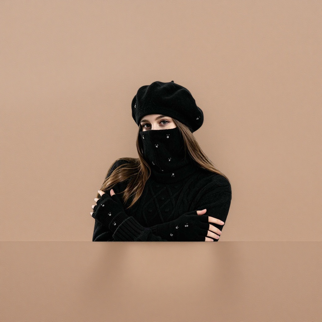 Gorro de punto negro cuello negro suéter negro guantes desnudos negro traje térmico mujer details Picture
