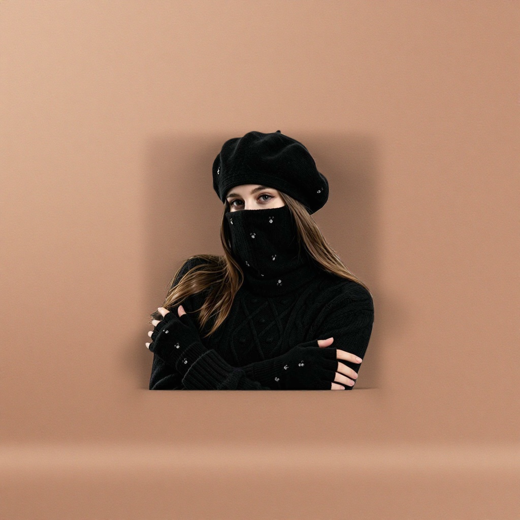 Gorro de punto negro cuello negro suéter negro guantes desnudos negro traje térmico mujer
