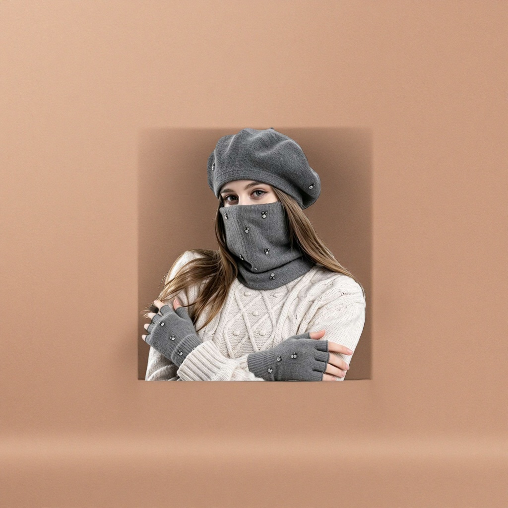 Gorro de punto negro cuello negro suéter negro guantes desnudos negro traje térmico mujer Specification image