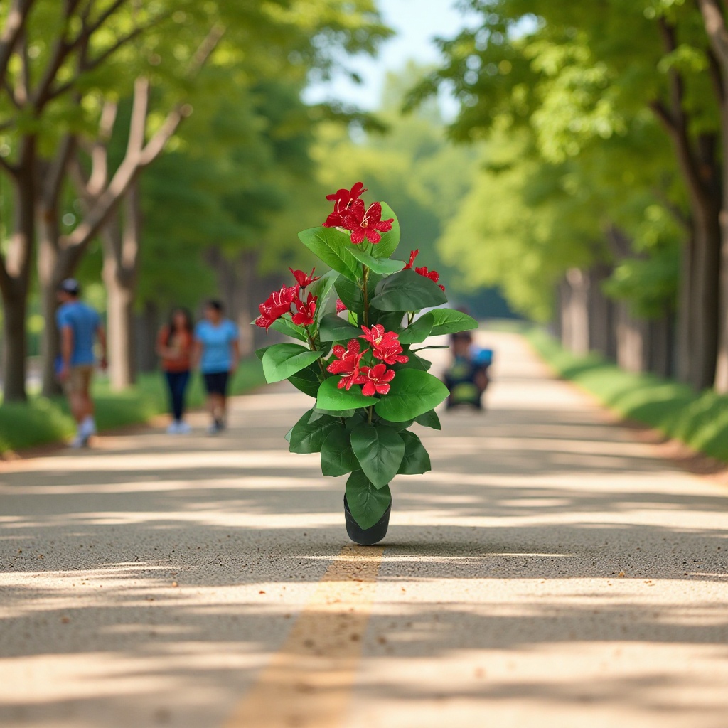 Red-flowered artificial potted plants and simulated green plants are decorative items for home living rooms