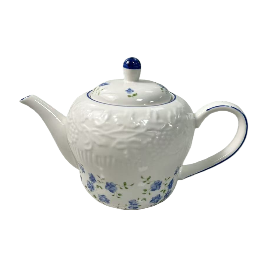 白色带蓝花图案茶壶家用陶瓷泡茶壶保温茶具礼品白底实物图