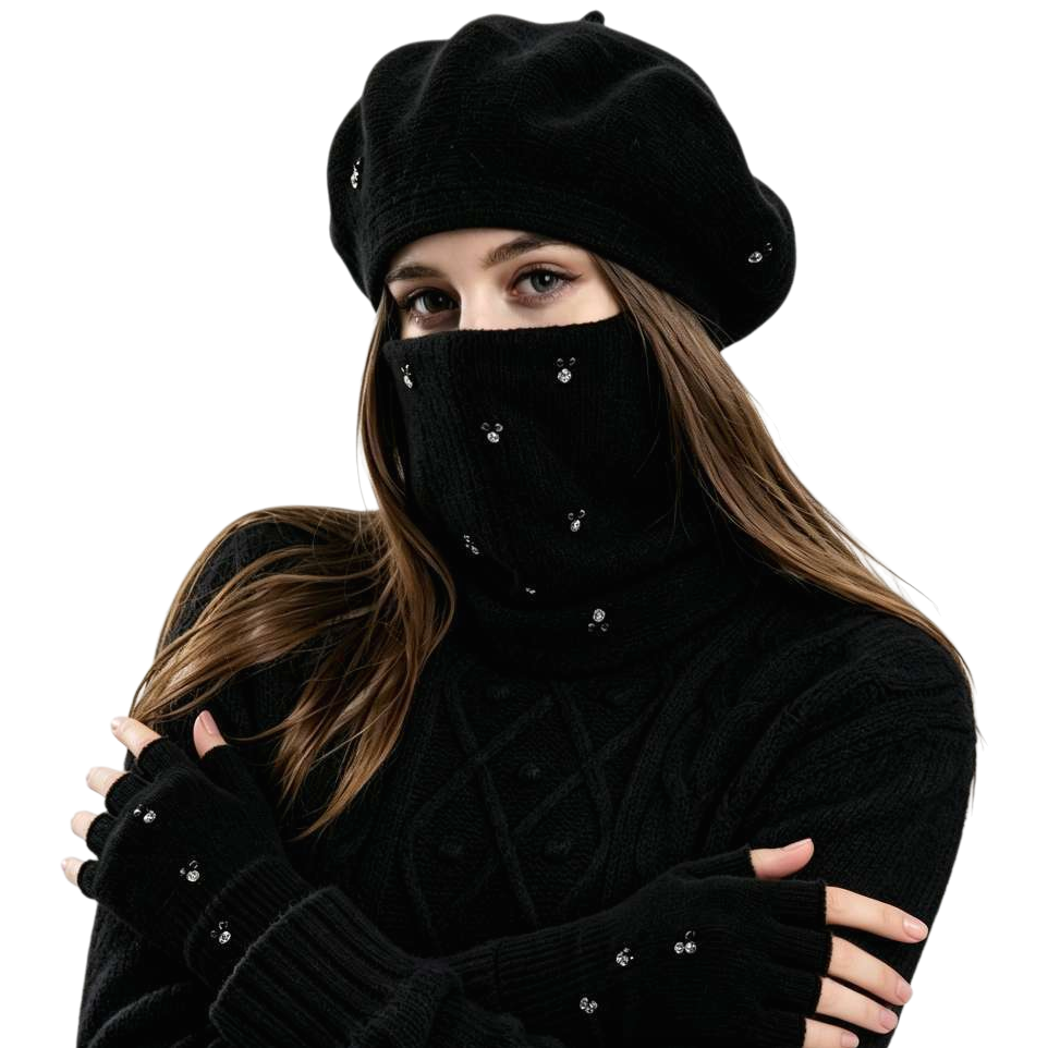 Gorro de punto negro cuello negro suéter negro guantes desnudos negro traje térmico mujer Item Picture