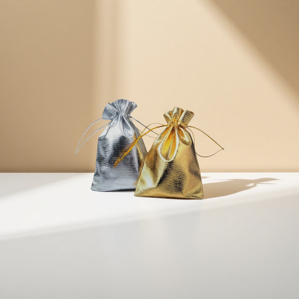 Metallic luster silver and gold drawstring cloth bags Specification image