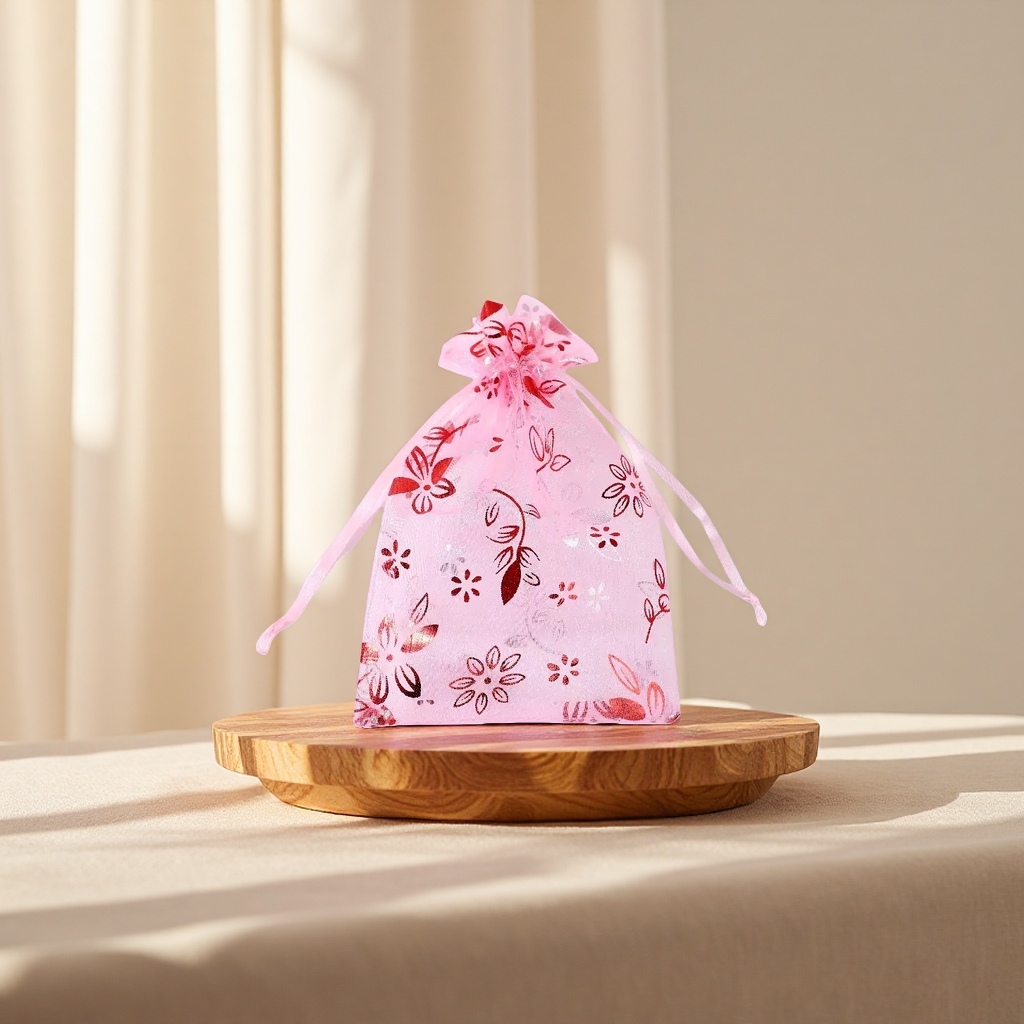 Pink floral pattern drawstring bag, daily shopping bag, reusable portable storage bag details Picture