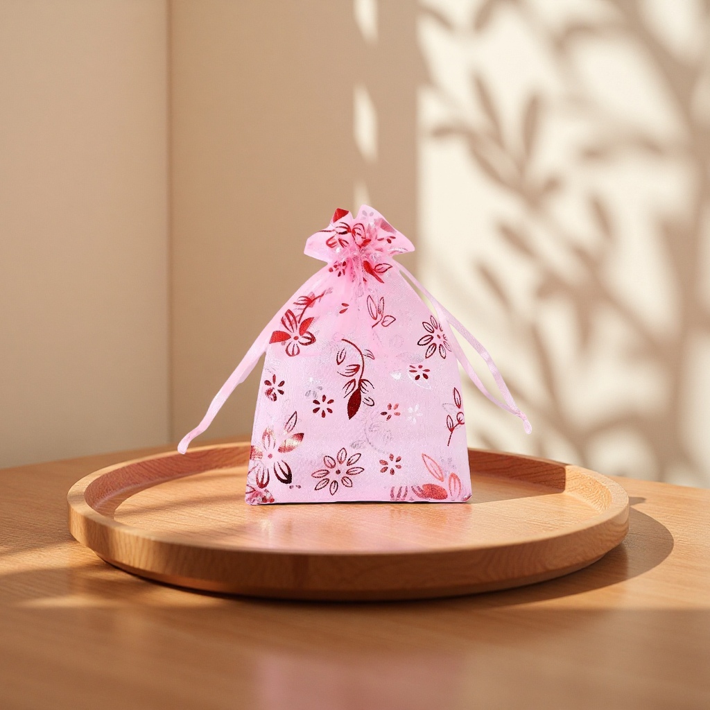 Pink floral pattern drawstring bag, daily shopping bag, reusable portable storage bag Specification image