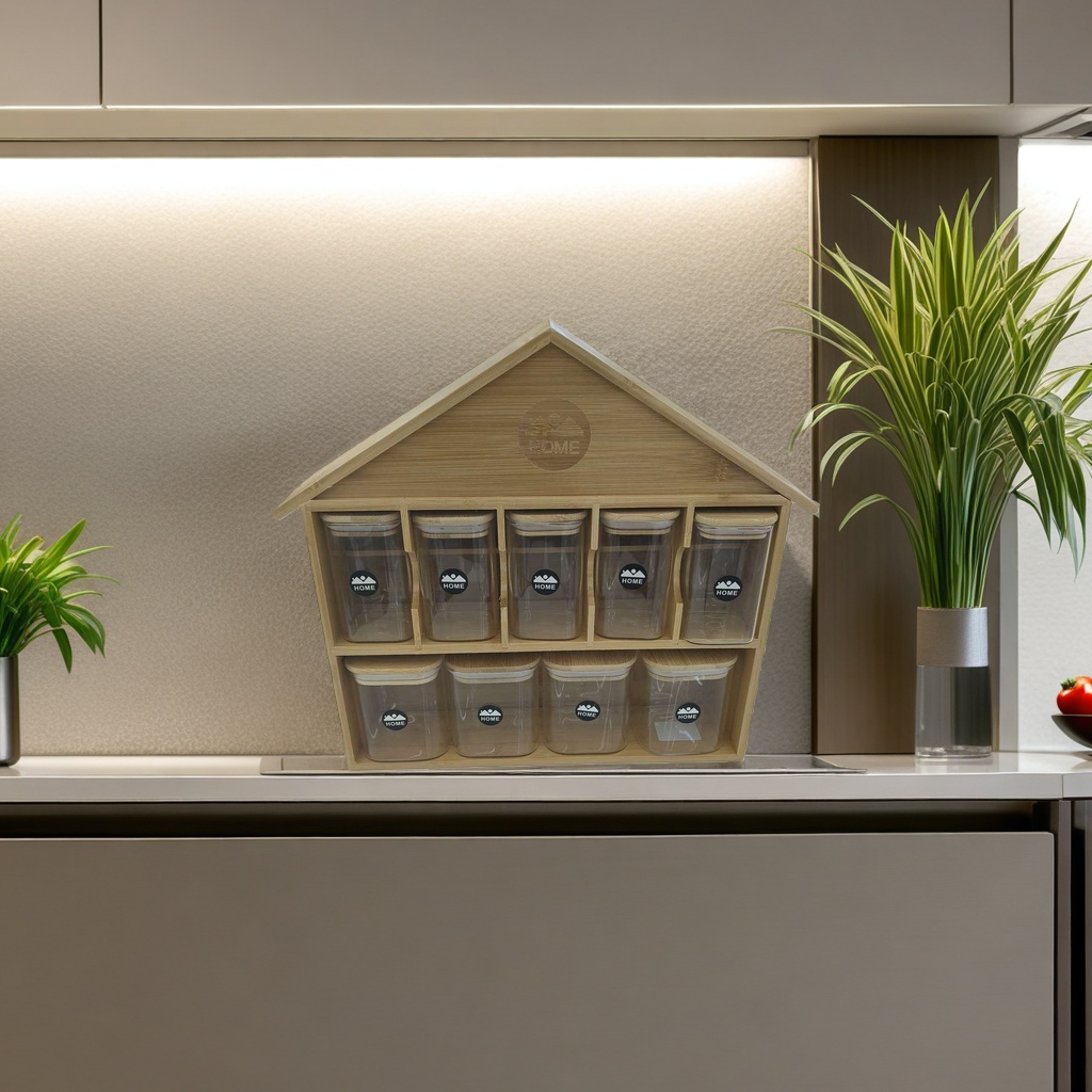 木质房屋造型储物架透明储物罐收纳盒多功能客厅装饰品