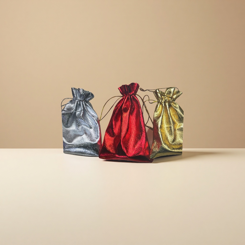 The fabric of the drawstring bag with silver, red and gold metallic luster is soft in texture