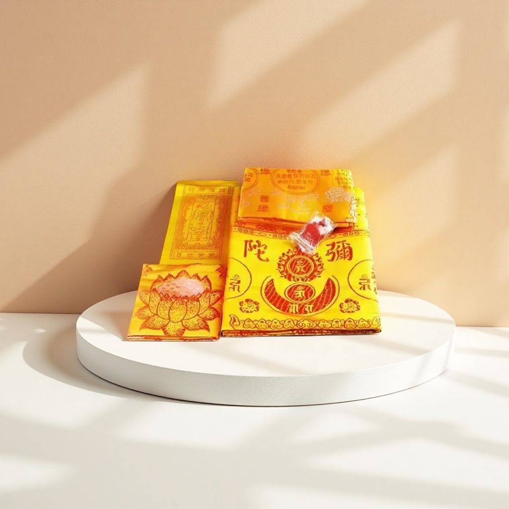 Yellow sutra blanket set, five-piece set of Dharani Rebirth Sutra, thickened brocade, silk embroidery of Rebirth Mantra, five-piece set of Dharani, widened and thickened wholesale