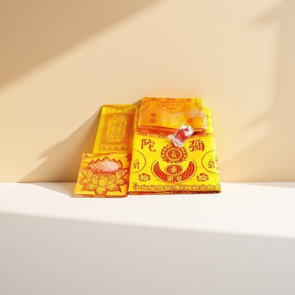 Yellow sutra blanket set, five-piece set of Dharani Rebirth Sutra, thickened brocade, silk embroidery of Rebirth Mantra, five-piece set of Dharani, widened and thickened wholesale details Picture