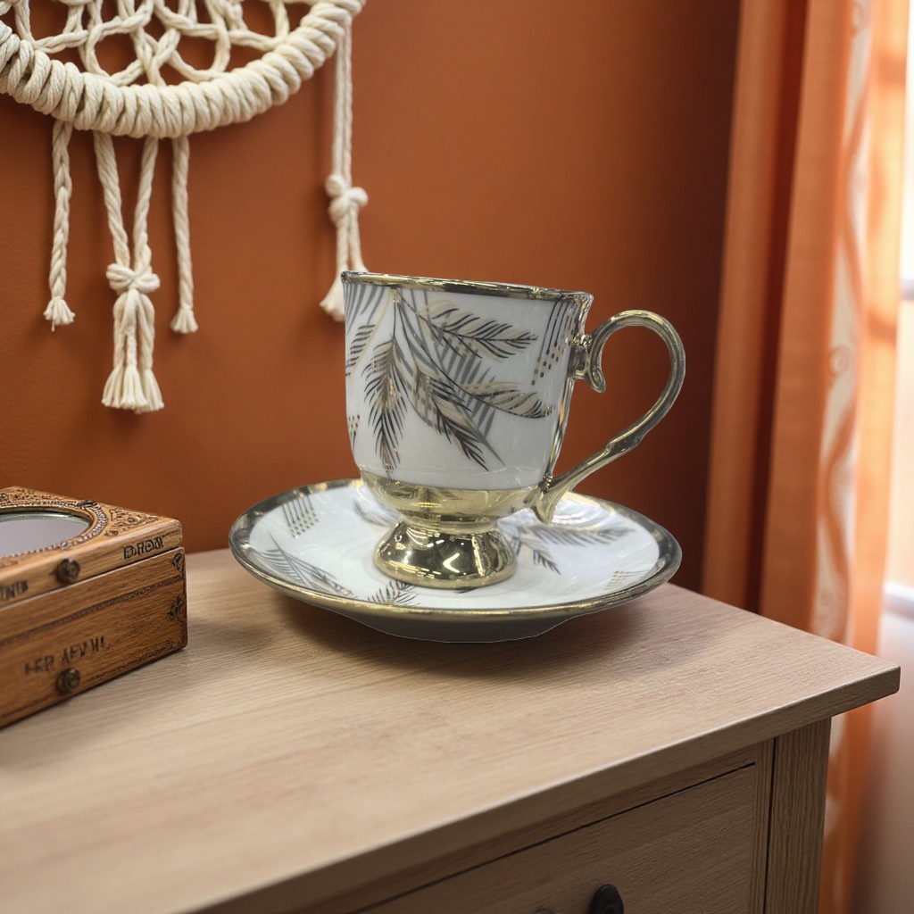 金色边框棕榈叶图案茶杯茶托套装产品图