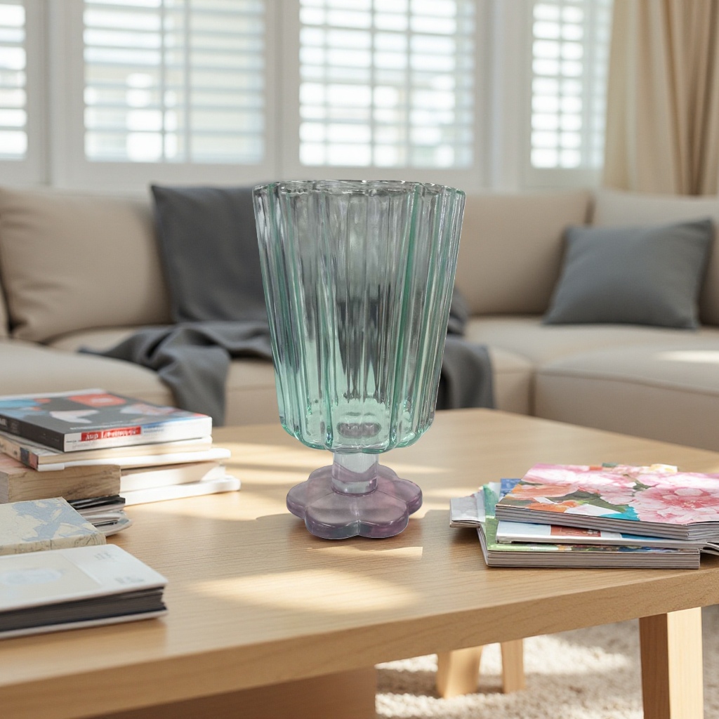 A transparent vertical striped glass with a purple petal base