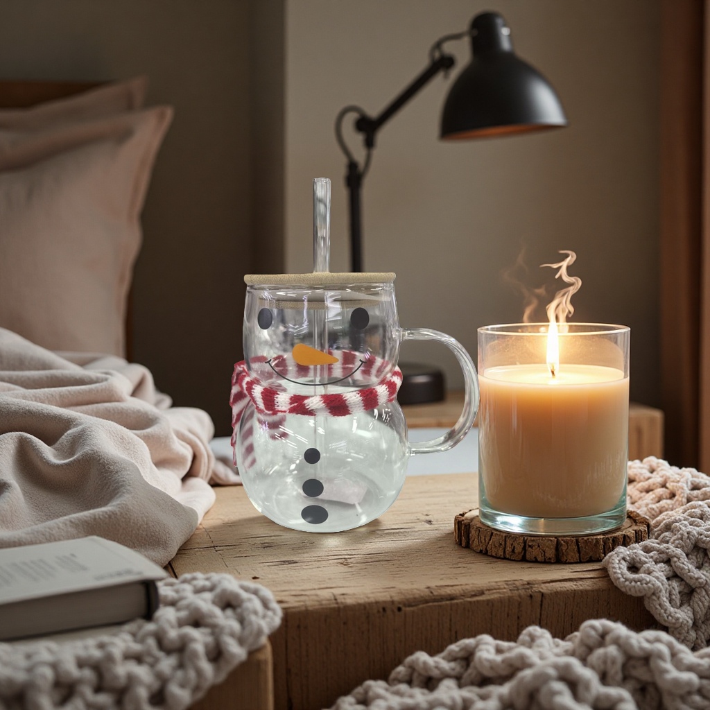 Snowman pattern glass cup, winter warm and anti-scald cup, home decorative cup