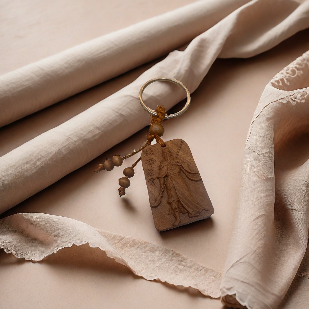 Wooden carved Guandi statue keychain, a traditional handcrafted jewelry gift Application Scenario